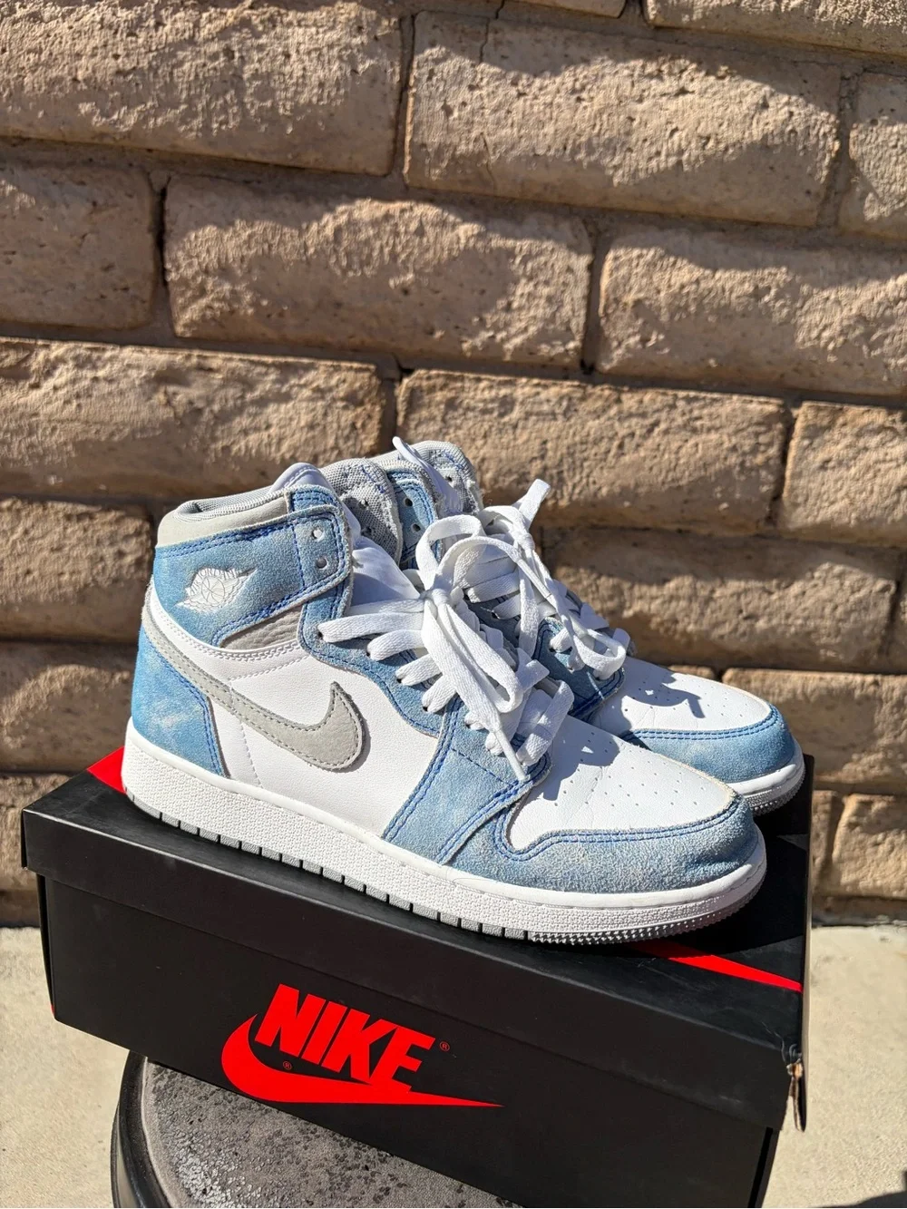 Nike Kids White and Light Blue High-Top Air Jordans